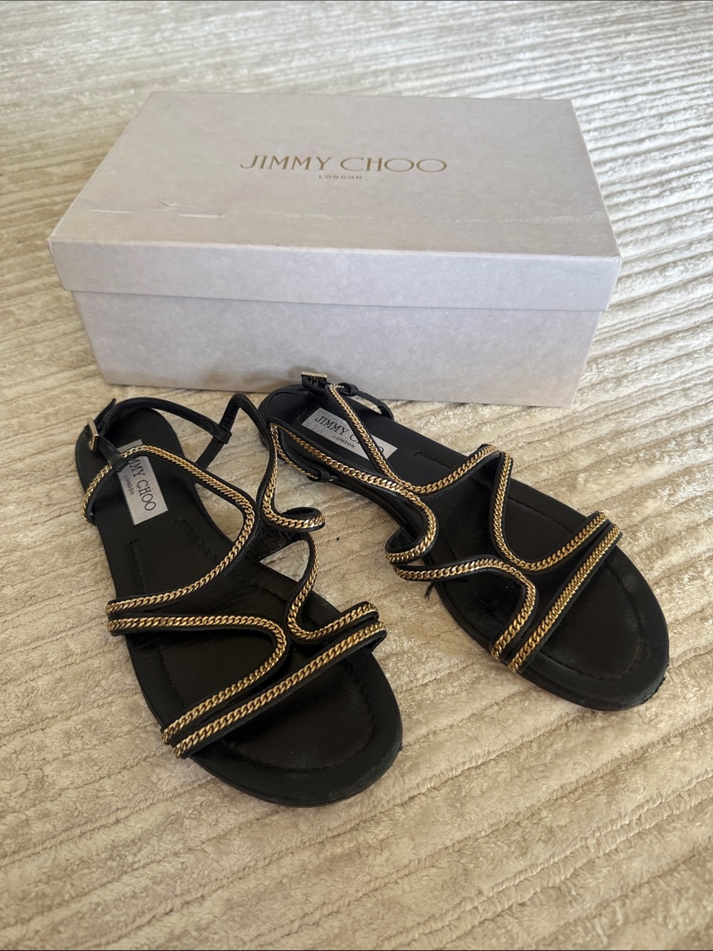 Jimmy Choo Black Sandals with Gold Chain Trim